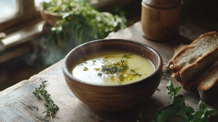Poster - Comforting homemade soup in a rustic bowl on a wooden table, accompanied by fresh herbs and rustic bread.