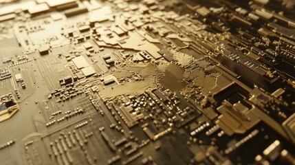 Poster - Detailed close-up of a gold microchip on a circuit board, showcasing the precision of electronic connections and high-tech design elements.