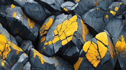 Poster - Detailed close-up of a rugged rock surface with striking yellow and black patterns, highlighting the natural geological formations and textures in an abstract composition.