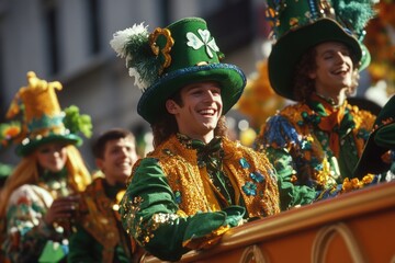 Green beer and shamrocks abound as a parade celebrates St Patrick's Day. Dancers in traditional Irish outfits entertain the crowd, while festive revelers cheer and enjoy the occasion.