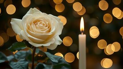 Canvas Print - Cream rose, lit candle, bokeh lights, remembrance, sympathy card