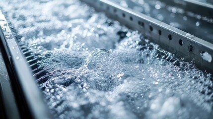 Poster - Detailed shot of water flowing through reverse osmosis filters, showing the intricate process of purification and the smooth, clear output.