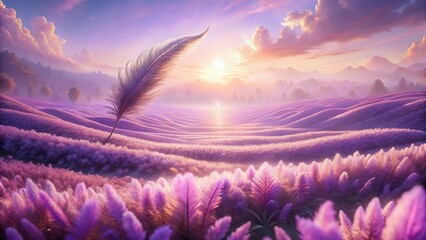 Wall Mural - Ethereal Lavender Field with Feather Silhouette - Dreamy Aerial View