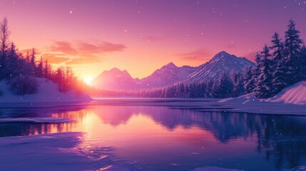 Poster - Early morning tranquility with a snowy mountain range and vibrant sunrise reflections on the surface of a frozen lake.