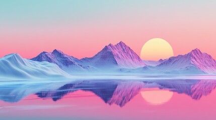 Poster - Early morning tranquility with a snowy mountain range and vibrant sunrise reflections on the surface of a frozen lake.