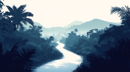 Wall Mural - Serene Blue River Winding Through Lush Jungle Landscape. AI Generated