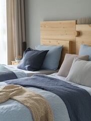 Colorful bedroom with a modern, clean design featuring two large beds with blue and gray linens. The room is well-lit and has a warm, inviting atmosphere.