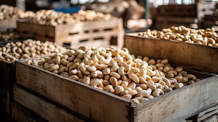 Aufkleber - Freshly harvested cashew nuts stored in wooden boxes within a warehouse, symbolizing the abundance of organic food and the logistical process of food distribution