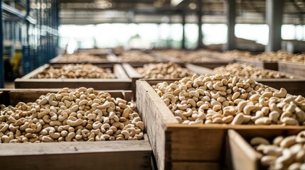 Aufkleber - Freshly harvested cashew nuts stored in wooden boxes within a warehouse, symbolizing the abundance of organic food and the logistical process of food distribution