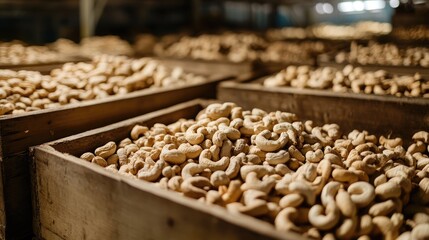 Aufkleber - Freshly harvested cashew nuts stored in wooden boxes within a warehouse, symbolizing the abundance of organic food and the logistical process of food distribution