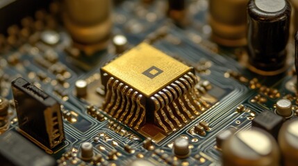 Poster - Gold microchip resting on a circuit board, highlighting the delicate, complex connections and advanced technology of the electronic components.