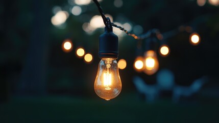 Poster - Hanging string lights casting a warm golden glow over a cozy outdoor setting, creating an inviting, festive atmosphere for evening gatherings.