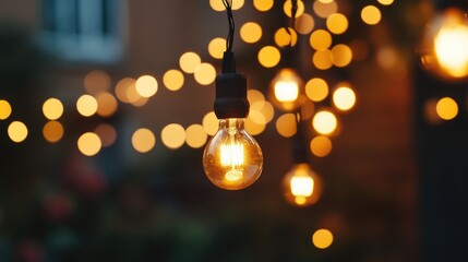 Poster - Hanging string lights with a warm golden glow illuminating a cozy outdoor setting, creating an inviting and magical ambiance for intimate gatherings.