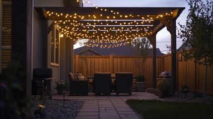 Poster - Hanging string lights with a warm golden glow illuminating a cozy outdoor setting, creating an inviting and magical ambiance for intimate gatherings.