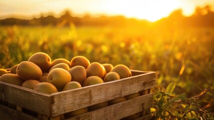 Poster - Harvested kiwi fruits in a rustic wooden box, set in a golden-lit field during sunset, emphasizing organic produce and agriculture.