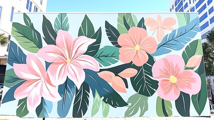 Poster - Floral Art Extravaganza Delightful Botanical Mural with Vibrant Colors and Artistic Leaf Design Display