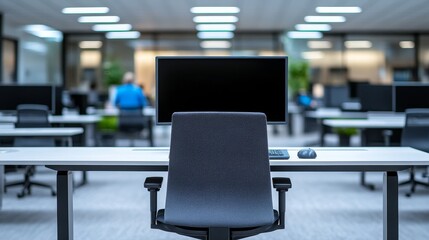Poster - Empty Desk in a Bright, Modern Open Plan Office, Natural Light, Professional Environment