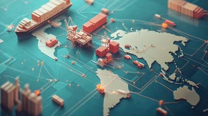 Aufkleber - Isometric view of a global logistics network, illustrating interconnected transport routes, distribution hubs, and the flow of goods across various regions worldwide.