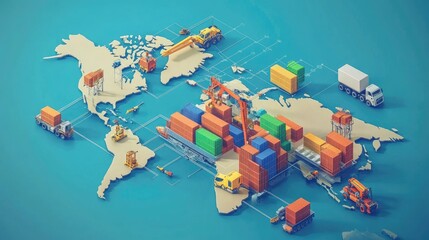 Aufkleber - Isometric view of a global logistics network, illustrating interconnected transport routes, distribution hubs, and the flow of goods across various regions worldwide.