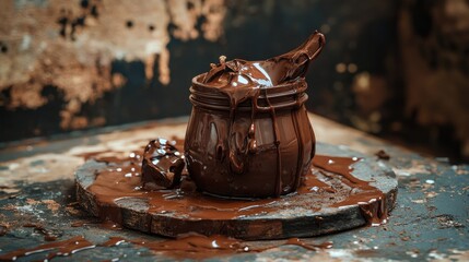 Aufkleber - Jars containing luscious chocolate hues, surrounded by artistic splashes and textures, creating a rich, warm ambiance with natural earthy tones.