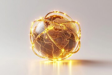Poster - A glowing 3D illustration of a world globe with interconnected golden lines and lights, showcasing global networks and connectivity on a pristine white backdrop.