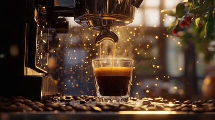 Poster - Luxurious espresso flowing mid-pour into a tilted glass, steam rising and crema developing, framed by coffee beans for a rustic, cozy charm.