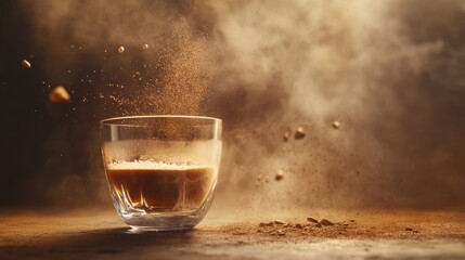Poster - Luxurious espresso flowing effortlessly into a tilted glass, steam rising and blending with the warm tones of a rustic background, creating a cozy indulgent atmosphere.