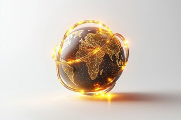Poster - A vibrant 3D illustration of a globe with connected golden lights and lines representing a global network, communications, and technology, on a clean white backdrop.