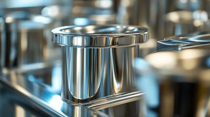 Poster - Machining process close-up, showcasing the precision and detail of polished stainless steel being worked on in a high-tech industrial workshop environment.