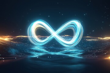 Fototapete - A glowing infinity symbol composed of light, floating above a digitally created watery or celestial landscape, representing endless possibilities.