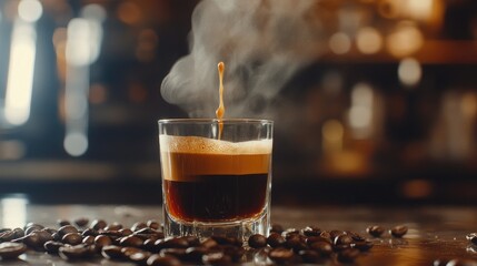 Poster - Mid-pour shot of rich espresso flowing into a tilted glass, with steam rising and crema developing, surrounded by coffee beans for a rustic, comforting atmosphere.