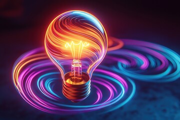 Fototapete - Abstract artwork of a glowing lightbulb with colorful energy swirls, representing innovation, creativity, and the generation of new ideas with a dynamic, futuristic design.