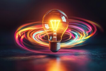 Fototapete - A glowing lightbulb surrounded by vibrant energy swirls, representing innovation and creative ideas in a modern, colorful, and futuristic design.