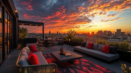 Aufkleber - Panoramic sunset view from a luxury penthouse lounge, with contemporary furnishings, dramatic lighting, and vibrant city skyline in the distance.