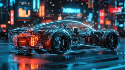 Aufkleber - Realistic 3D model of a transparent car, highlighting internal components like engines and electronics, with a vibrant automotive design studio backdrop.