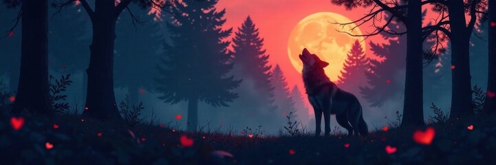 Wall Mural - A howling wolf stands alone in a forest at dusk, forest, moonlight, wilderness