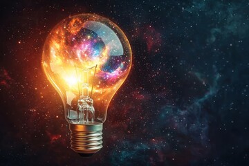 Poster - A glowing lightbulb filled with a vibrant nebula of stars, representing innovation, imagination, and the vastness of ideas, against a dark cosmic backdrop.