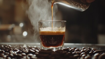 Poster - Rich espresso being poured into a glass with crema forming and steam rising, surrounded by rustic coffee beans, evoking warmth and indulgence.