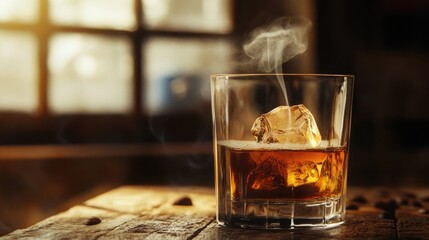 Poster - Rich espresso flowing effortlessly into a tilted glass, accompanied by rising steam, and a warm rustic background evoking comfort, indulgence, and relaxation.