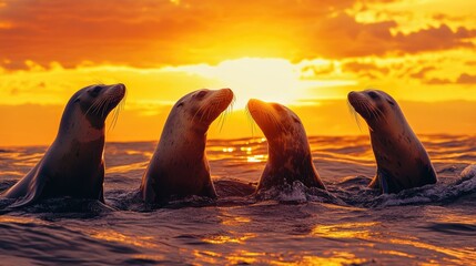 Poster - Sea lion family enjoying the ocean waters at sunset, with the sun rays creating a stunning orange glow on the horizon.