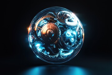 Poster - Intricate mechanical sphere with glowing blue and gold gears, technology, time, futuristic, innovation concept on a dark background.