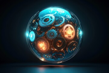 Poster - a futuristic glowing sphere filled with intricate gears and mechanisms, illustrating technology, eng