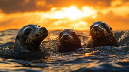 Poster - Sea lion family enjoying the ocean waters at sunset, with the sun rays creating a stunning orange glow on the horizon.