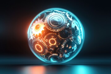 Poster - A mesmerizing digital illustration of a glowing sphere with intricately designed gears and mechanisms inside, representing the concept of technology and innovation.