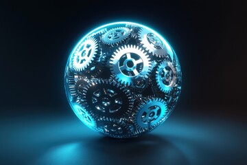 Fototapete - A mesmerizing 3D illustration of a glowing, transparent sphere filled with an intricate network of interlocking metal gears, showcasing technology and engineering.