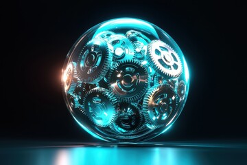 Poster - A mesmerizing 3D rendering of intricate gears encased in a glowing glass sphere, symbolizing technology and innovation against a dark background.