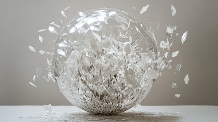 Poster - Shattered crystal sphere with sharp floating fragments, captured in mid-motion, offering an artistic representation of elegance and destruction against a grey backdrop.