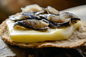 Close-up of anchovies on cheese and crispbread snack.