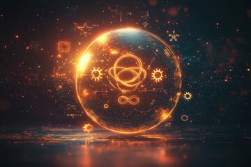 Fototapete - Abstract digital art showcasing a glowing sphere with intricate symbols floating in a dark, starry space, representing technology, data, and the cosmos.