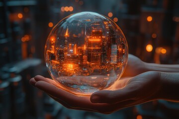 Poster - A glowing cityscape held within a clear, glass orb in human hands, symbolizing urban development, technology, and a vision of the future.